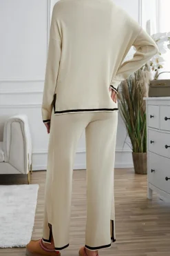 Outlet Dear-Lover Contrast Trim Split Cuffs Long 2pcs Sweater Outfit Loungewear Apricot