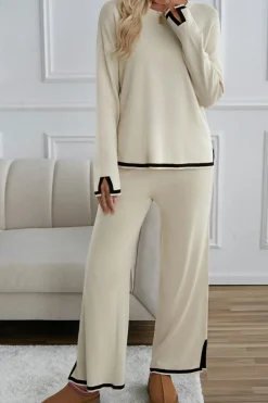 Outlet Dear-Lover Contrast Trim Split Cuffs Long 2pcs Sweater Outfit Loungewear Apricot