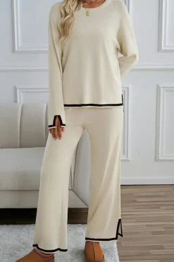 Outlet Dear-Lover Contrast Trim Split Cuffs Long 2pcs Sweater Outfit Loungewear Apricot