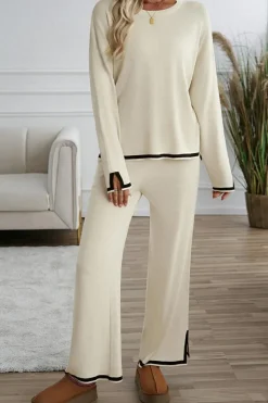 Outlet Dear-Lover Contrast Trim Split Cuffs Long 2pcs Sweater Outfit Loungewear Apricot