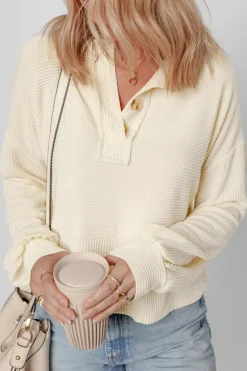 Best Dear-Lover Corded Texture Lantern Sleeve Buttons Henley Sweatsuit Apricot