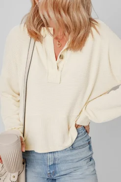 Best Dear-Lover Corded Texture Lantern Sleeve Buttons Henley Sweatsuit Apricot