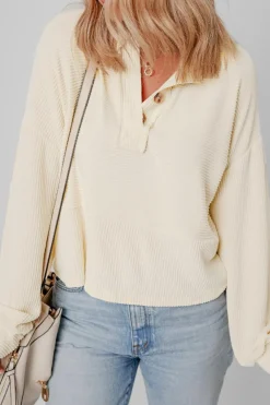 Best Dear-Lover Corded Texture Lantern Sleeve Buttons Henley Sweatsuit Apricot