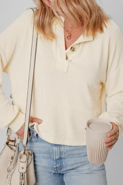 Best Dear-Lover Corded Texture Lantern Sleeve Buttons Henley Sweatsuit Apricot