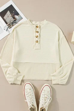 Best Dear-Lover Corded Texture Lantern Sleeve Buttons Henley Sweatsuit Apricot