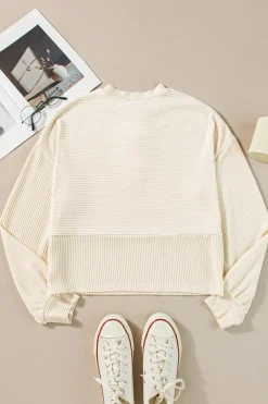 Best Dear-Lover Corded Texture Lantern Sleeve Buttons Henley Sweatsuit Apricot