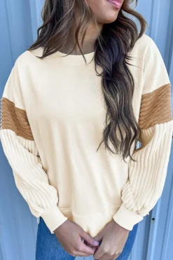 Discount Dear-Lover Corduroy Patchwork Drop Shoulder Long Sleeve Sweatshirt Apricot