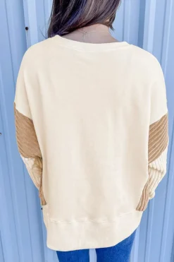 Discount Dear-Lover Corduroy Patchwork Drop Shoulder Long Sleeve Sweatshirt Apricot