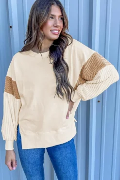 Discount Dear-Lover Corduroy Patchwork Drop Shoulder Long Sleeve Sweatshirt Apricot