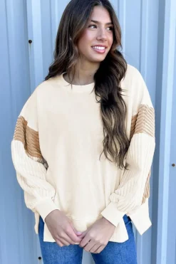 Discount Dear-Lover Corduroy Patchwork Drop Shoulder Long Sleeve Sweatshirt Apricot