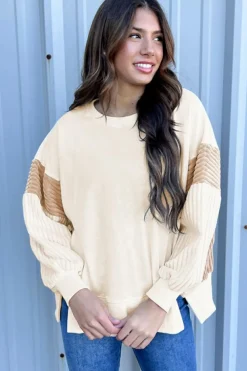 Discount Dear-Lover Corduroy Patchwork Drop Shoulder Long Sleeve Sweatshirt Apricot