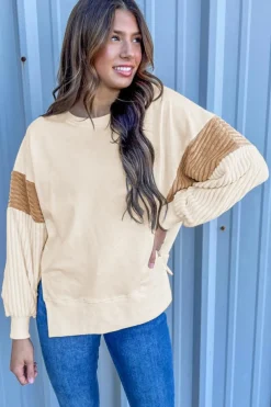 Discount Dear-Lover Corduroy Patchwork Drop Shoulder Long Sleeve Sweatshirt Apricot