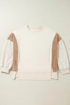 Discount Dear-Lover Corduroy Patchwork Drop Shoulder Long Sleeve Sweatshirt Apricot