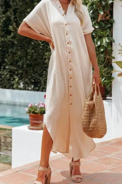 Best Dear-Lover Crinkled Buttons Maxi Beach Dress with Slits Apricot