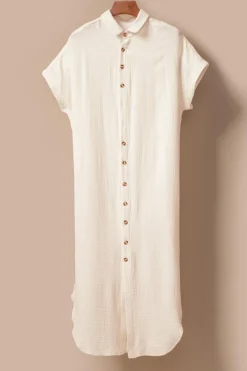 Best Dear-Lover Crinkled Buttons Maxi Beach Dress with Slits Apricot
