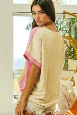 New Dear-Lover Crinkled Colorblock Patchwork V Neck T Shirt Apricot