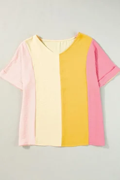 New Dear-Lover Crinkled Colorblock Patchwork V Neck T Shirt Apricot