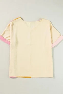New Dear-Lover Crinkled Colorblock Patchwork V Neck T Shirt Apricot