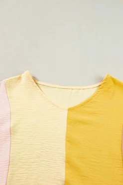 New Dear-Lover Crinkled Colorblock Patchwork V Neck T Shirt Apricot