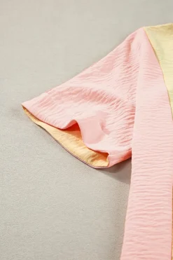 New Dear-Lover Crinkled Colorblock Patchwork V Neck T Shirt Apricot