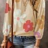 Sale Dear-Lover Cute Flower Print Bracelet Sleeve Top Apricot