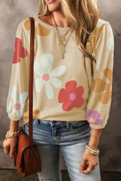 Sale Dear-Lover Cute Flower Print Bracelet Sleeve Top Apricot