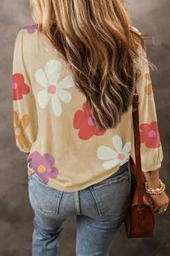 Sale Dear-Lover Cute Flower Print Bracelet Sleeve Top Apricot