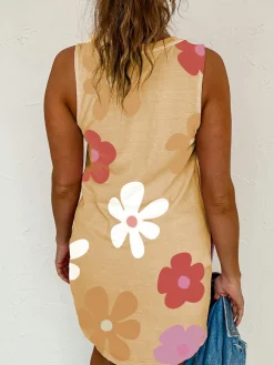 Discount Dear-Lover Daisy Flower Print Tank Dress Apricot