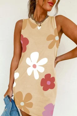 Discount Dear-Lover Daisy Flower Print Tank Dress Apricot
