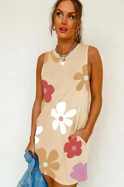 Discount Dear-Lover Daisy Flower Print Tank Dress Apricot