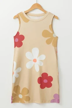 Discount Dear-Lover Daisy Flower Print Tank Dress Apricot