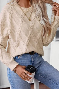 Clearance Dear-Lover Diamond Pattern Textured Crew Neck Sweater Apricot