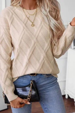 Clearance Dear-Lover Diamond Pattern Textured Crew Neck Sweater Apricot