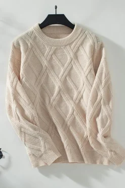 Clearance Dear-Lover Diamond Pattern Textured Crew Neck Sweater Apricot