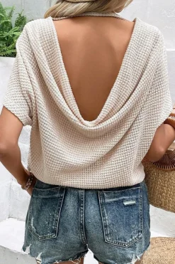 Sale Dear-Lover Draped Open Back Textured Tee Apricot