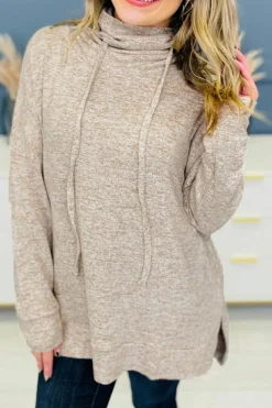 Outlet Dear-Lover Drawstring Cowl High Neck Long Sleeve Split Top Apricot