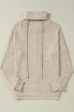 Outlet Dear-Lover Drawstring Cowl High Neck Long Sleeve Split Top Apricot