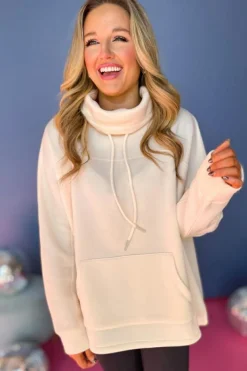Best Dear-Lover Drawstring Turtleneck Dolman Sleeve Sweatshirt Apricot