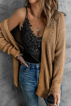 Online Dear-Lover Drop Sleeve Cable Knit Cardigan with Slits Apricot