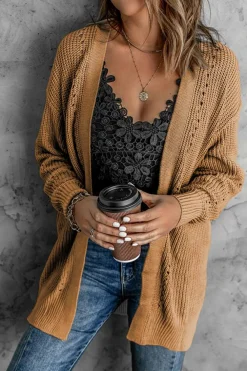 Online Dear-Lover Drop Sleeve Cable Knit Cardigan with Slits Apricot