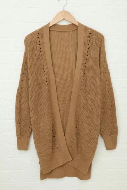 Online Dear-Lover Drop Sleeve Cable Knit Cardigan with Slits Apricot