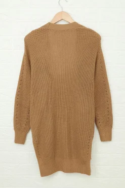 Online Dear-Lover Drop Sleeve Cable Knit Cardigan with Slits Apricot