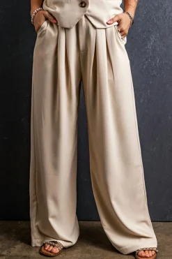 Sale Dear-Lover Elastic Waist Pleated Wide Leg Pants Apricot