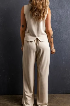 Sale Dear-Lover Elastic Waist Pleated Wide Leg Pants Apricot