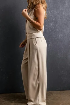 Sale Dear-Lover Elastic Waist Pleated Wide Leg Pants Apricot