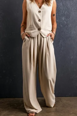Sale Dear-Lover Elastic Waist Pleated Wide Leg Pants Apricot