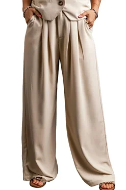 Sale Dear-Lover Elastic Waist Pleated Wide Leg Pants Apricot