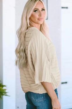 Outlet Dear-Lover Exposed Seam Ribbed Knit Dolman Sweater Apricot