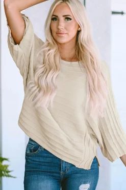 Outlet Dear-Lover Exposed Seam Ribbed Knit Dolman Sweater Apricot