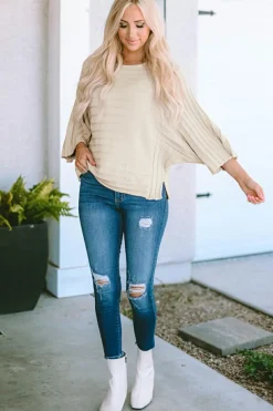 Outlet Dear-Lover Exposed Seam Ribbed Knit Dolman Sweater Apricot